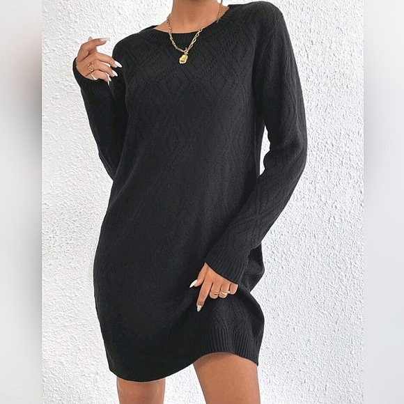 New Chic Diamond Textured Knit Sweater Dress Black - Picture 1 of 8